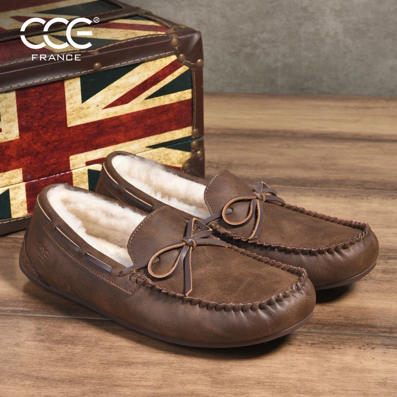 CCE男士冬季加绒羊皮毛一体大码豆豆鞋复古疯马牛皮开车鞋男6036