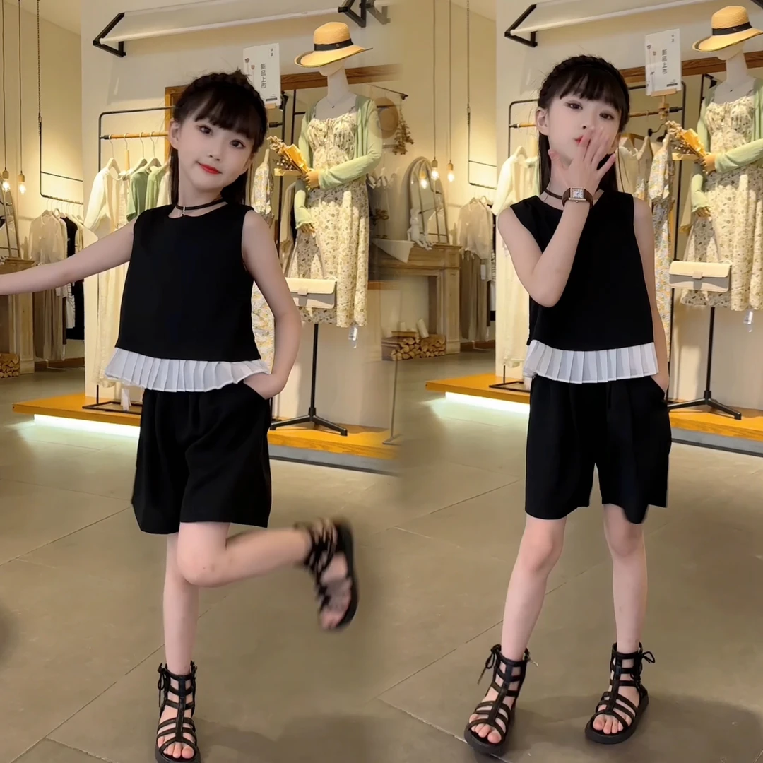 女童新款无袖背心短裤洋气中大童套装两件套