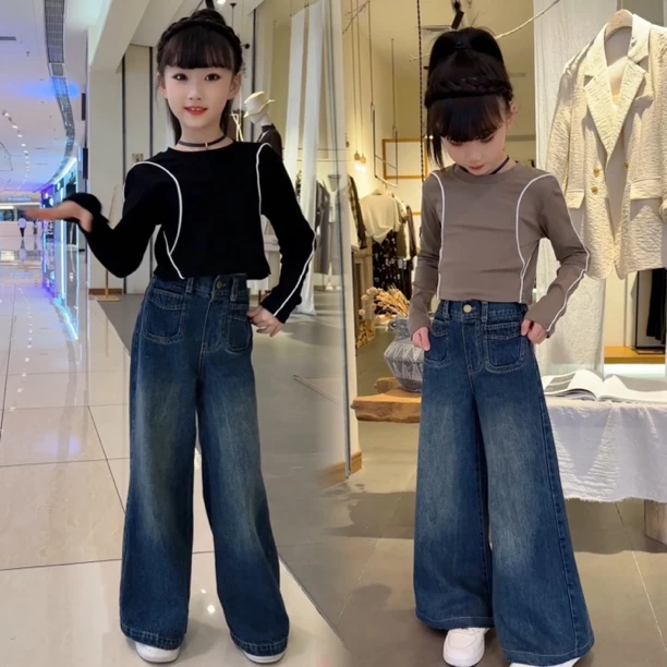 女童新款秋季织带T恤衫牛仔喇叭阔腿裤套装