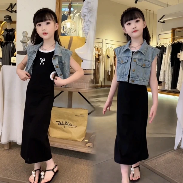 【积木】女童夏装套新款儿童女孩牛仔马甲夏季小孩吊带裙两件套