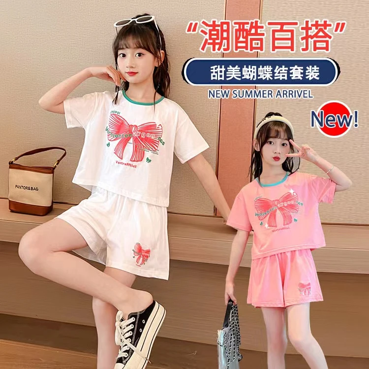【积木】女童新款夏季镂空蝴蝶结短裤套装