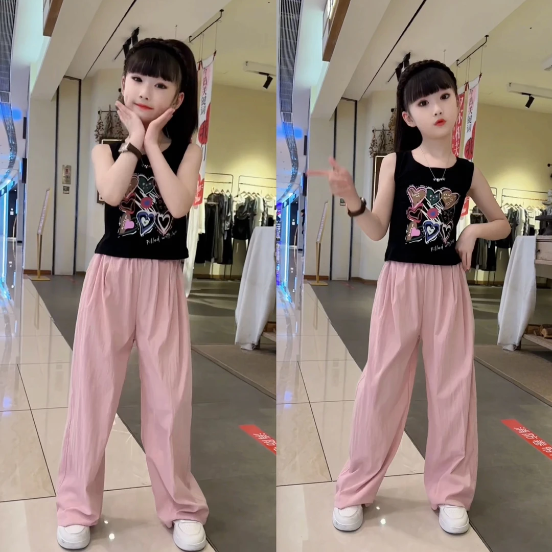 【积木】女童新款夏季爱心背心宽松休闲山本阔腿裤套装