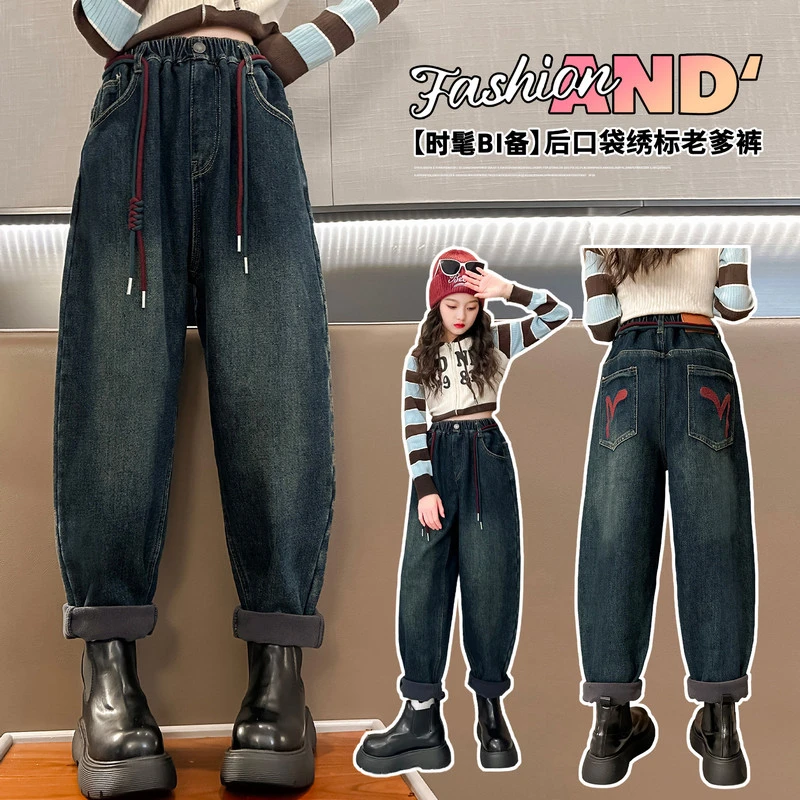 【积木】女童新款绣花高品质加厚奥利一体绒牛仔裤