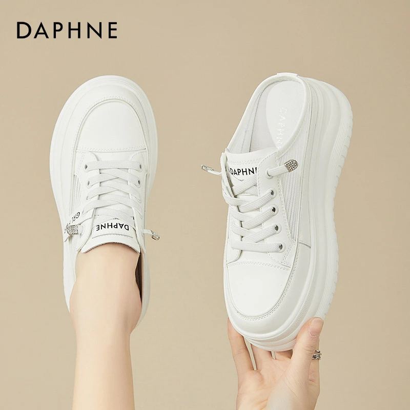 达芙妮厚底包头半拖鞋女新款春夏网面松糕穆勒凉拖鞋内增高小白鞋