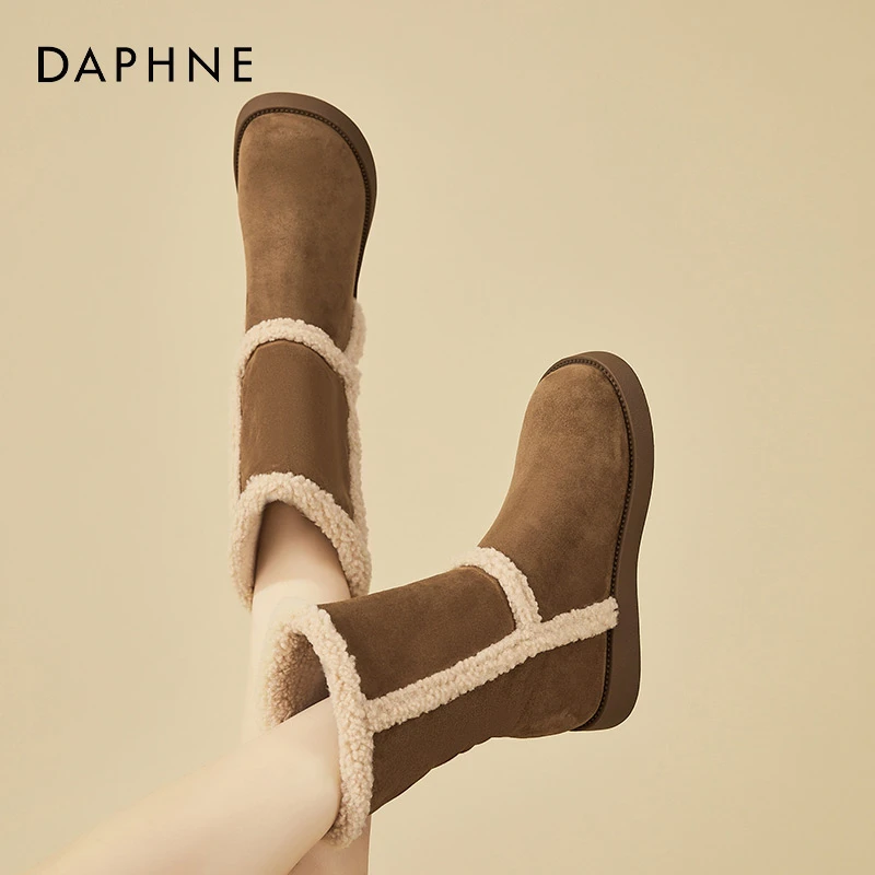 达芙妮厚底雪地靴女2025新款冬季加绒保暖中筒棉靴复古内增高棉鞋