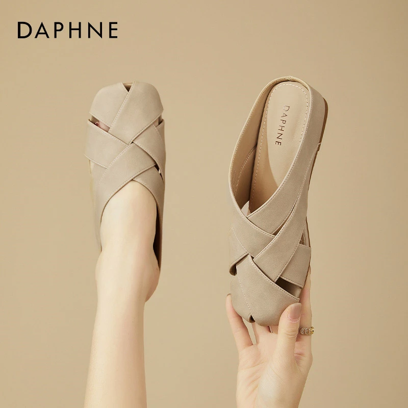 达芙妮包头半拖鞋女2025新款春夏内增高外穿凉拖复古平底穆勒凉鞋