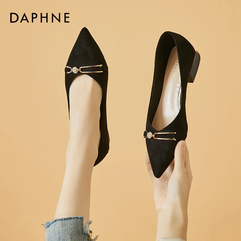 达芙妮尖头单鞋女新款一脚蹬懒人通勤工作鞋黑色浅口平底低跟瓢鞋