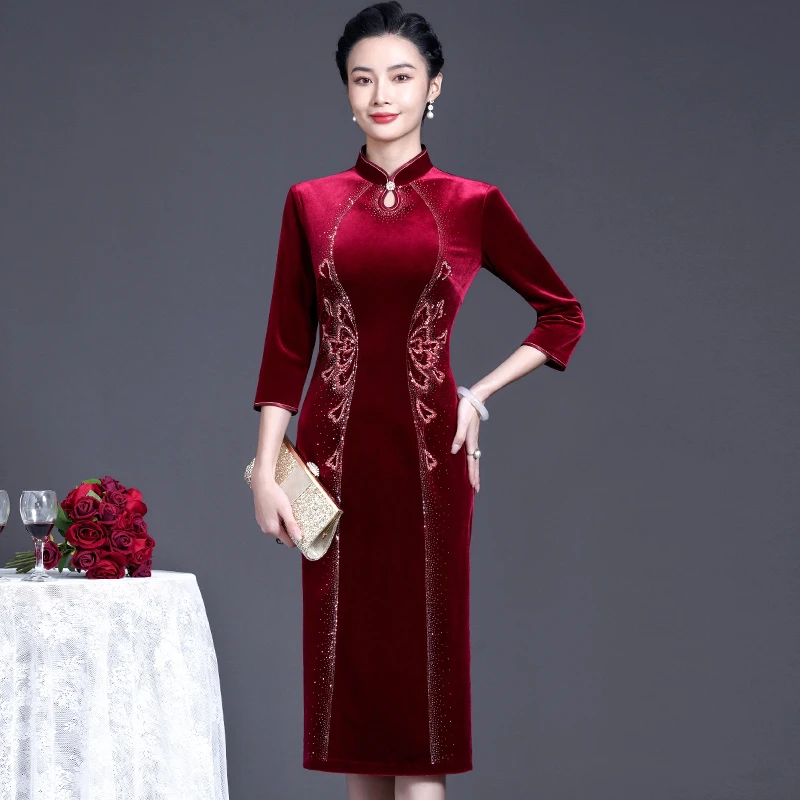 结婚喜婆婆喜妈妈婚宴礼服高端金丝绒旗袍春秋新款连衣裙气质