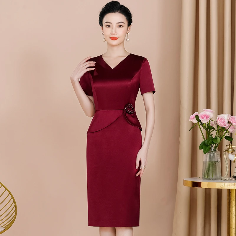 高端年轻喜婆婆婚宴礼服喜妈妈V领连衣裙醋酸礼服裙高档婚庆秋装