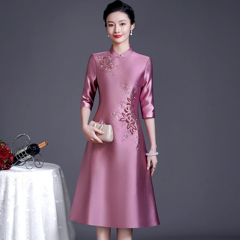 高档喜婆婆喜妈妈婚宴礼服高端贡缎连衣裙春夏秋装新款气质A字裙