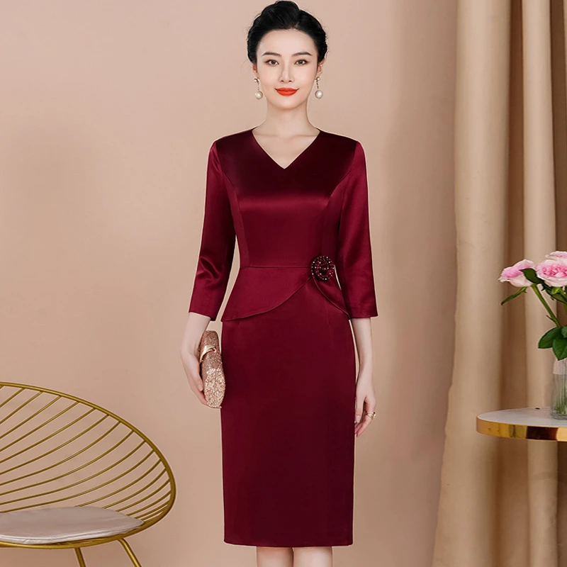 高端年轻喜婆婆婚宴礼服喜妈妈V领连衣裙醋酸礼服裙高档婚庆夏装