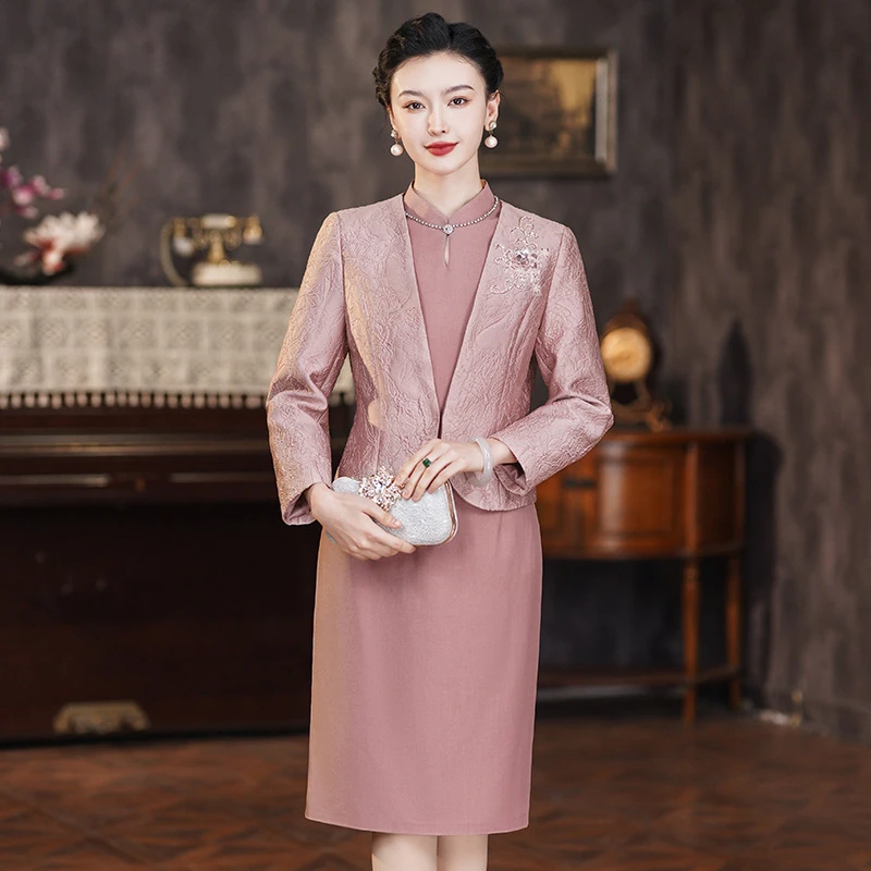高档喜婆婆喜妈妈婚宴春装两件套连衣裙结婚小个子丈母娘衣服高贵