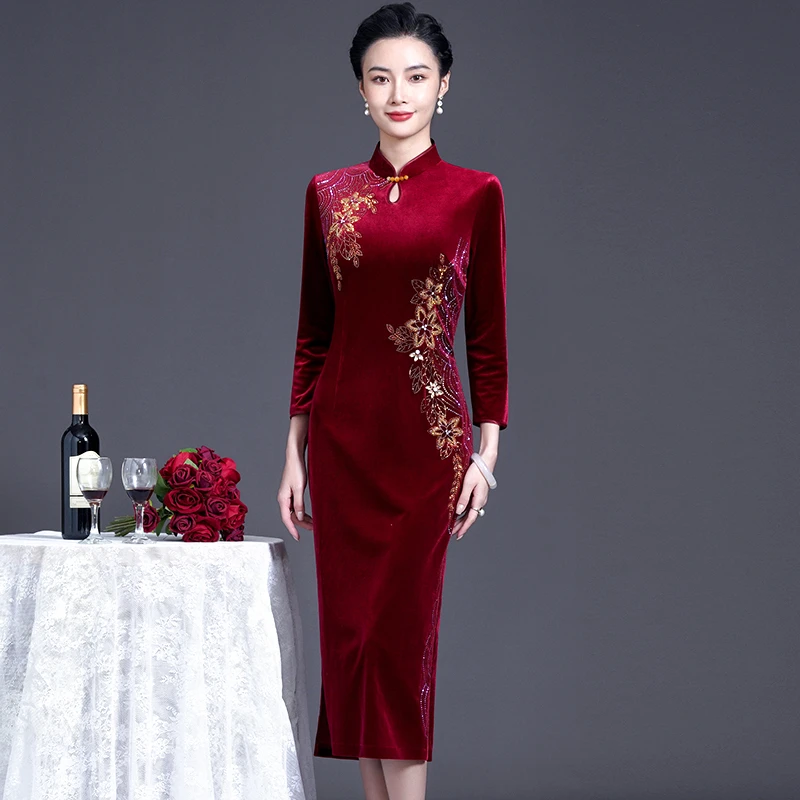 结婚喜婆婆喜妈妈婚宴装礼服高端金丝绒旗袍婚庆连衣裙春秋新款