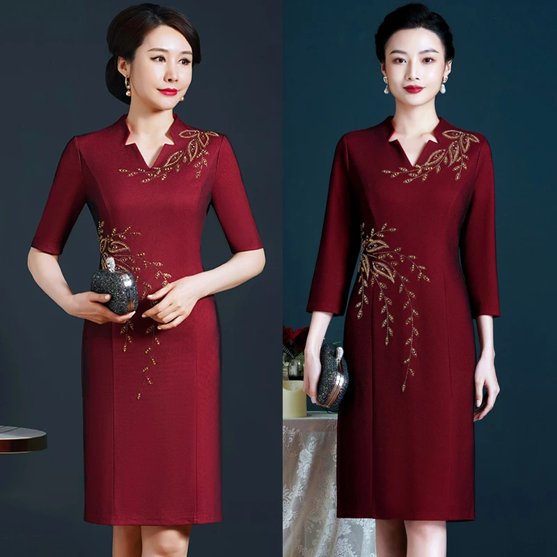 婚礼妈妈礼服高端V领气质连衣裙厚小个子喜婆婆婚宴春秋装婚庆