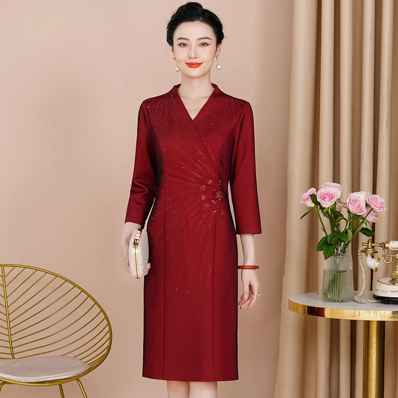 喜婆婆喜妈妈婚宴礼服V领连衣裙丈母娘婚礼衣服高档婚庆秋装