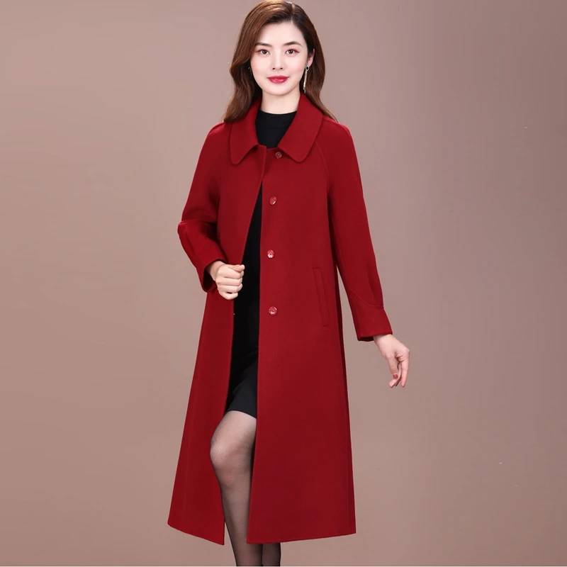 喜婆婆妈妈装双面呢羊毛大衣中长款过膝气质婚宴羊毛外套秋冬
