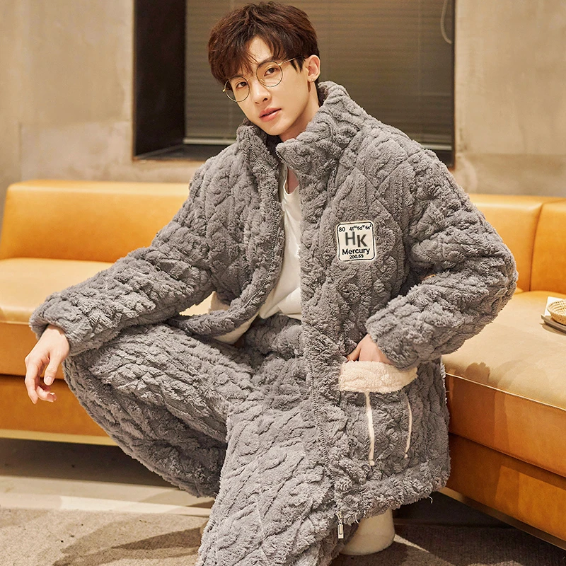 冬天睡衣男三层夹棉加厚加绒男士情侣珊瑚绒保暖款法兰绒家居服
