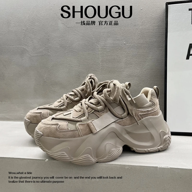 shougu/首谷新款潮流真皮厚底显脚小时尚休闲百搭运动鞋老爹鞋女