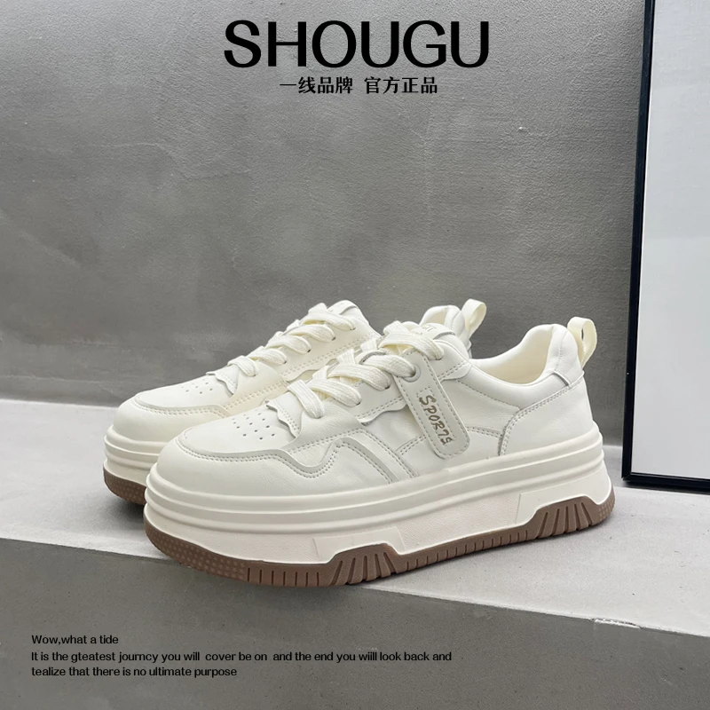 shougu/首谷学院风新款真皮厚底系带时尚休闲百搭通勤小白鞋板鞋