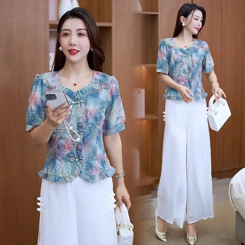时尚套装女夏季新款新中式国风盘扣上衣阔腿裤气质显瘦减龄两件套