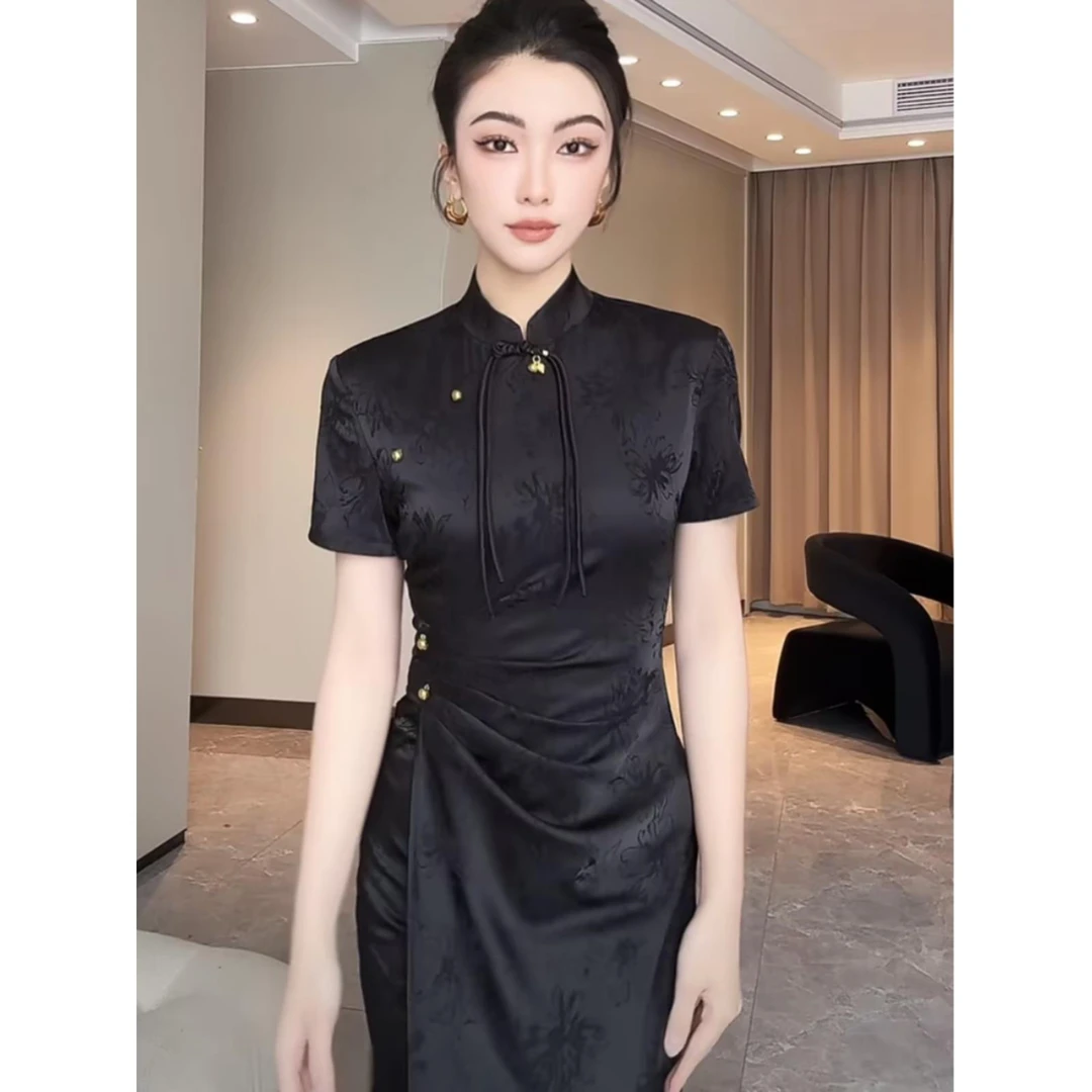 新中式国风立领旗袍连衣裙女2025夏季新款气质收腰显瘦开叉长裙子