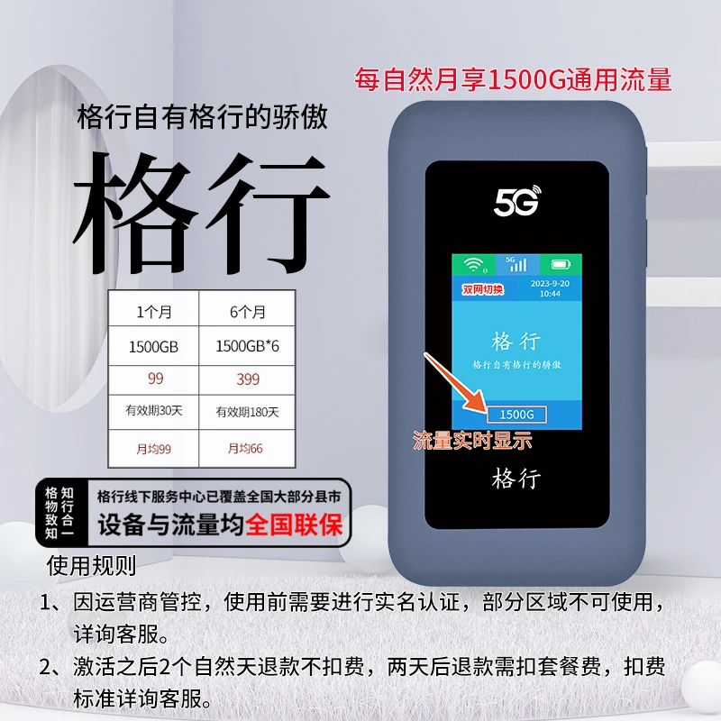 格行(设备与流量均全国联保)移动随身无线wifi 5G随身彩屏双网版