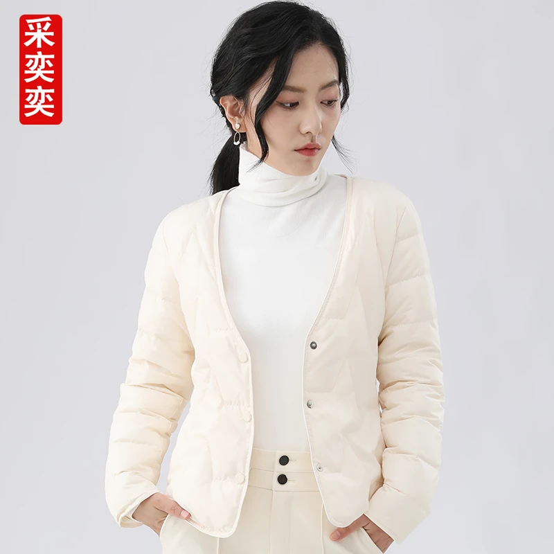 羽绒内胆女修身轻薄V领配大衣保暖长袖百搭白鸭绒贴身羽绒服打底