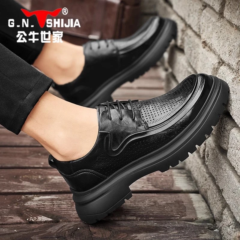 公牛世家男鞋2024新款夏季透气镂空凉皮鞋软皮正装商务休闲德比鞋