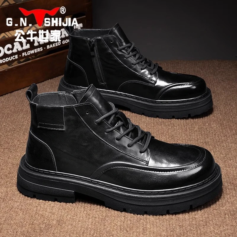 公牛世家厚底男鞋马丁靴英伦风大头皮鞋短靴高帮德比鞋黑色工装靴