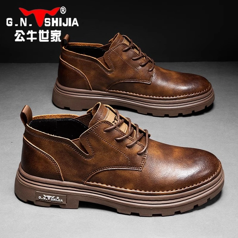 公牛世家男鞋秋季新款软皮商务休闲皮鞋男士英伦风复古低帮马丁靴