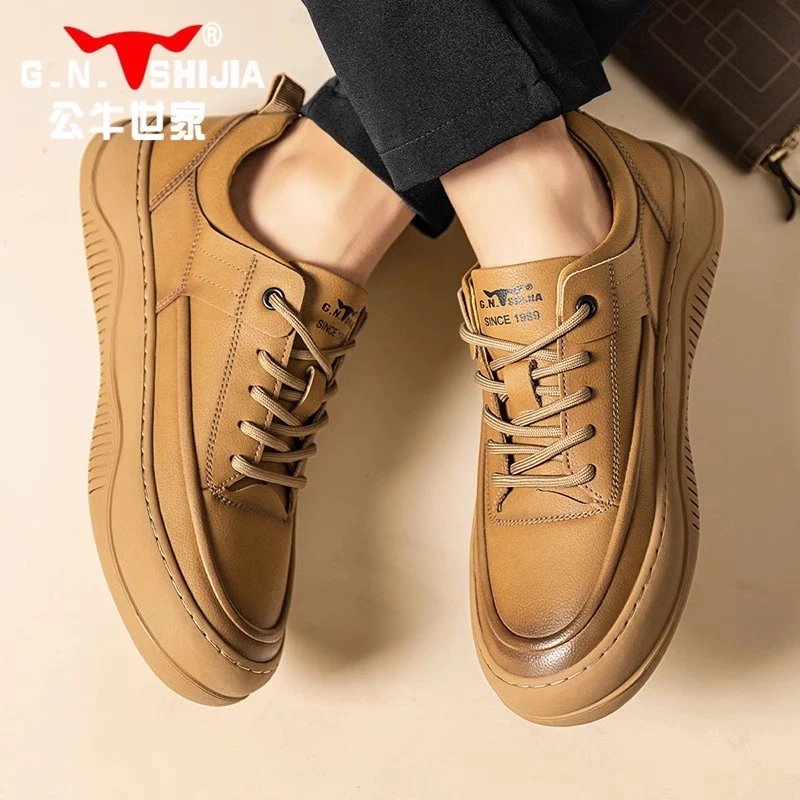公牛世家男鞋秋季新款美式复古工装板鞋男厚底英伦风商务休闲皮鞋