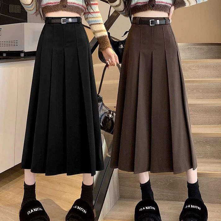 百褶裙秋冬2023新款韩版百搭毛呢半身裙女中长款高腰显瘦Ａ字长裙