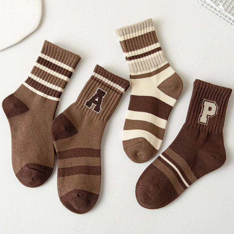 儿童袜子中筒棉袜秋冬男童女童小孩中大童3-12岁咖色百搭条纹潮袜