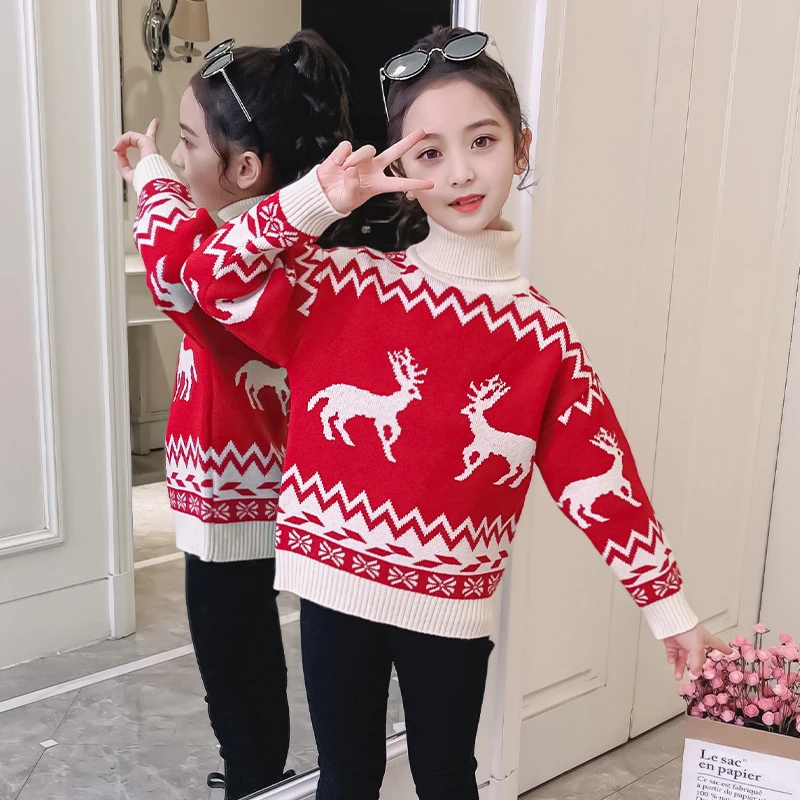 女童高领毛衣秋冬儿童时尚圣诞小鹿小女孩红色年服加绒加厚针织衫