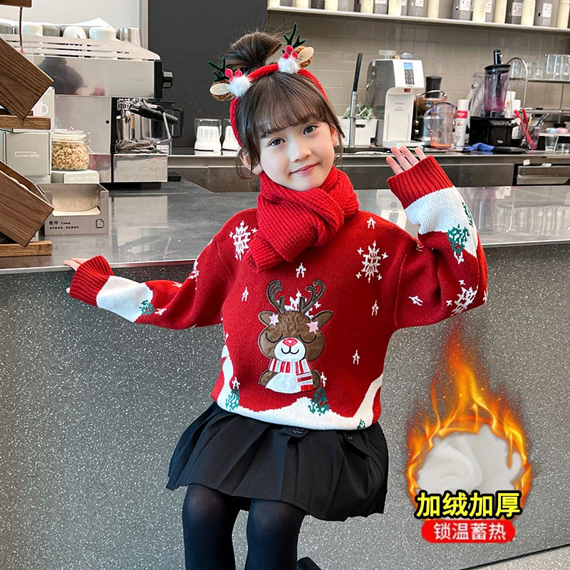 冬季雪花秋冬小鹿女童加绒加厚毛衣新年喜庆中大童针织衫上衣外穿