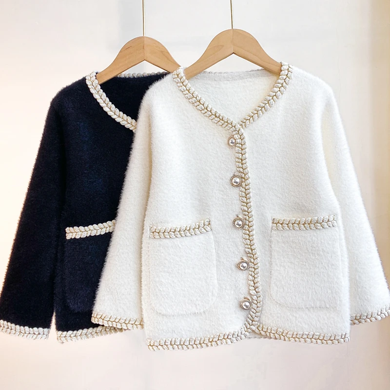 女童水貂绒毛衣新款秋冬装针织开衫小女孩小香风时尚仿皮草外套潮