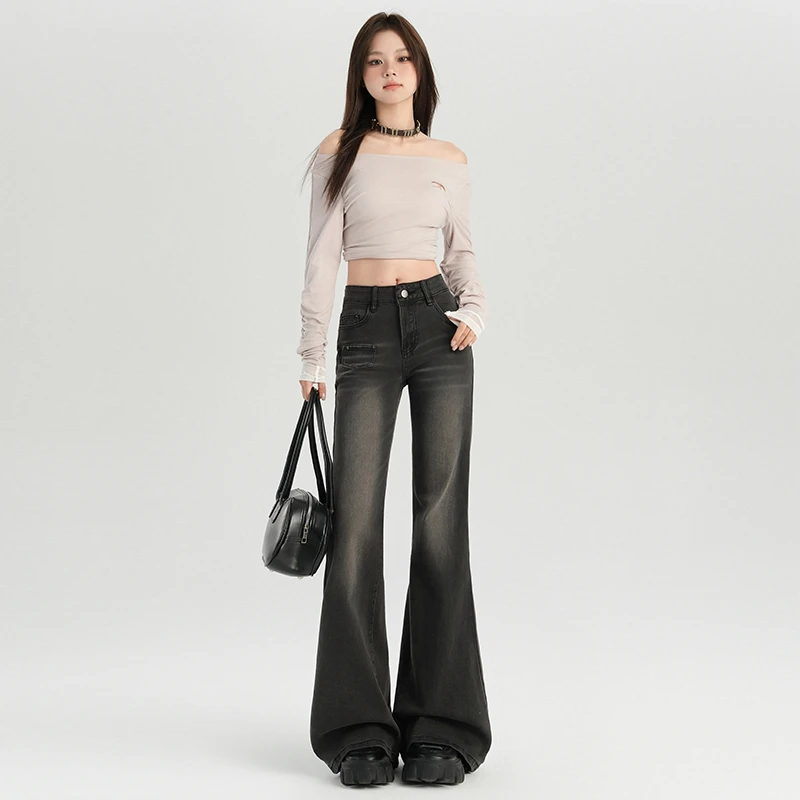 陆笙好夏季黑灰色复古弹力低腰微喇直筒阔腿裤休闲百搭显瘦牛仔裤