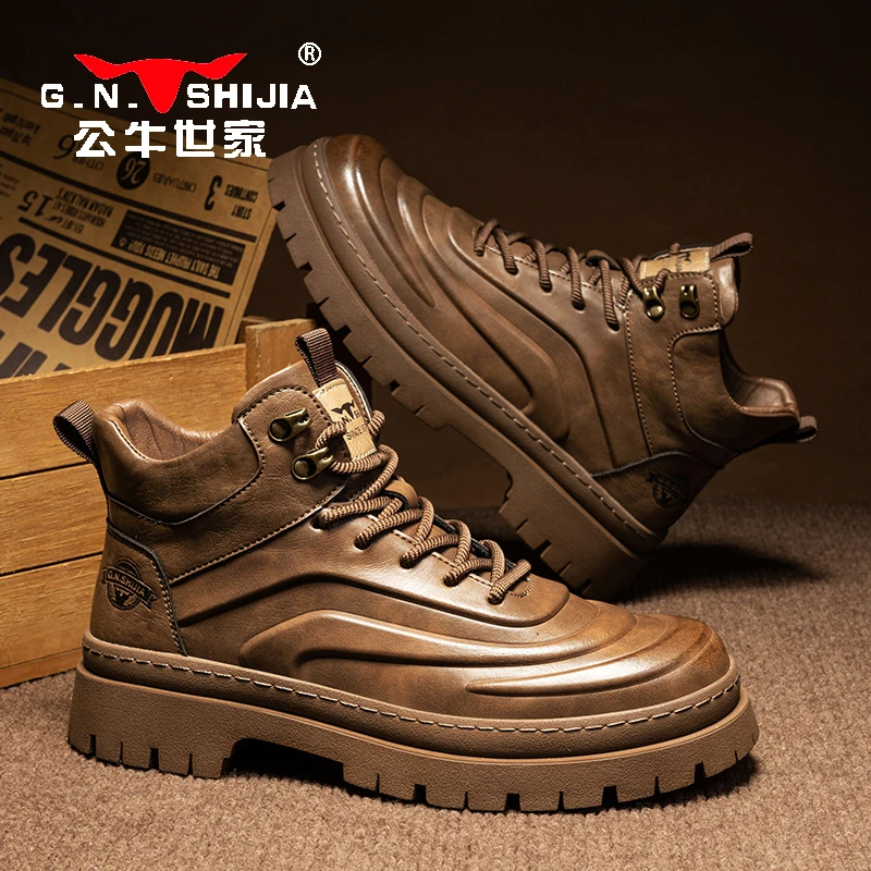 公牛世家英伦风马丁靴男款秋冬爆款复古工装靴潮高帮增高皮靴男士