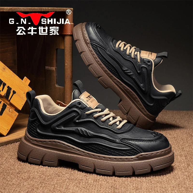 公牛世家男鞋秋冬新款户外休闲时尚皮鞋男士低帮耐磨工装马丁靴子