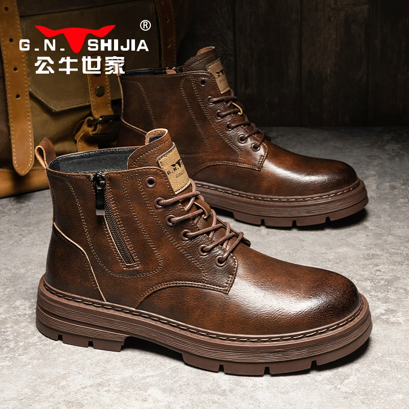 公牛世家马丁靴男秋冬高帮复古英伦风超火爆款户外厚底工装靴男士