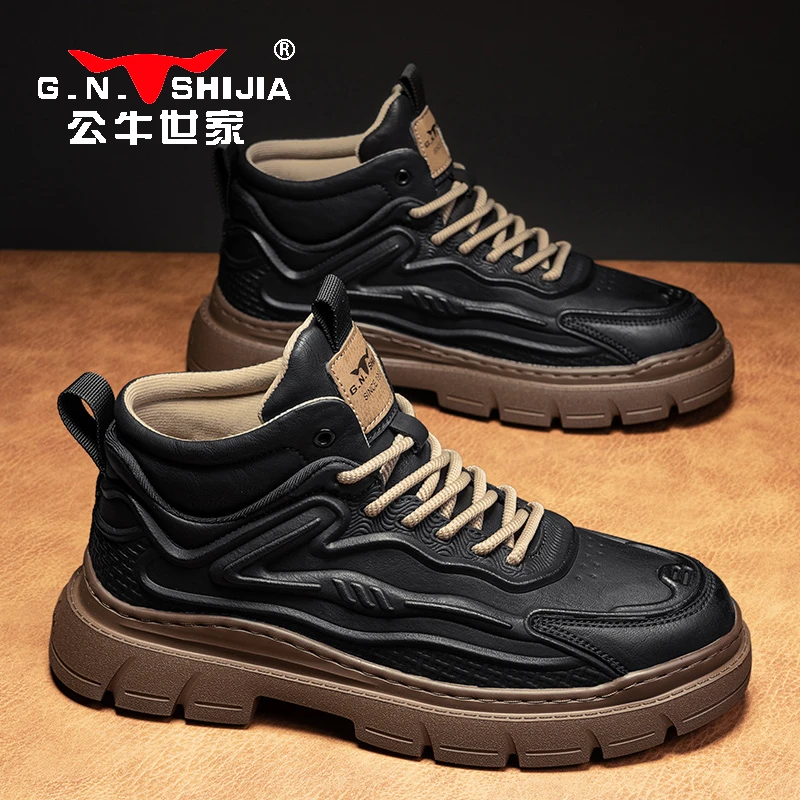 公牛世家马丁靴男秋冬英伦风厚底高帮帅气骑行机车皮靴男士工装靴
