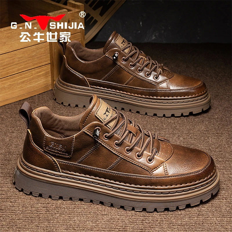 公牛世家男鞋春季软底软面商务休闲皮鞋男厚底一脚蹬低帮厚底板鞋