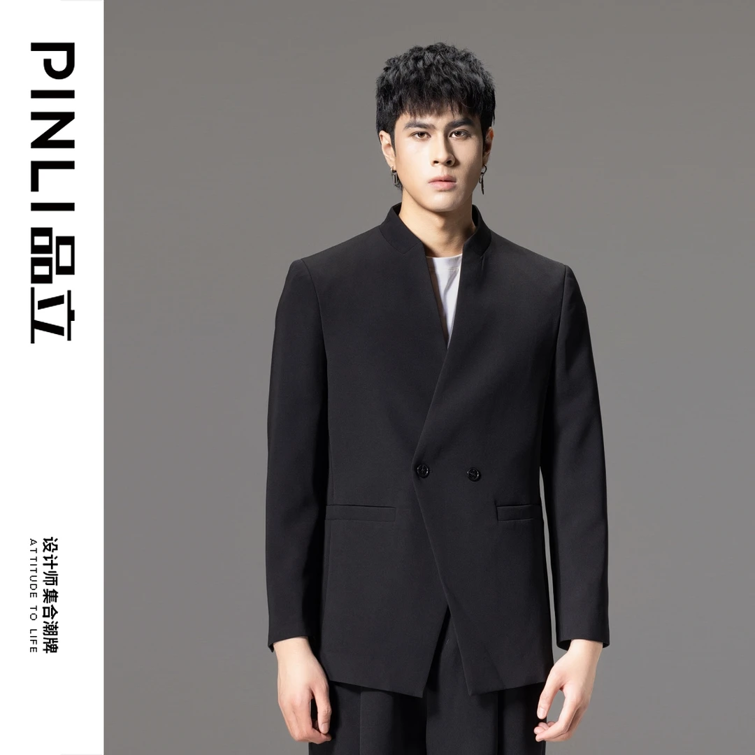 PINLI品立2024秋季新款新中式立领黑色西装外套男士国潮休闲西服