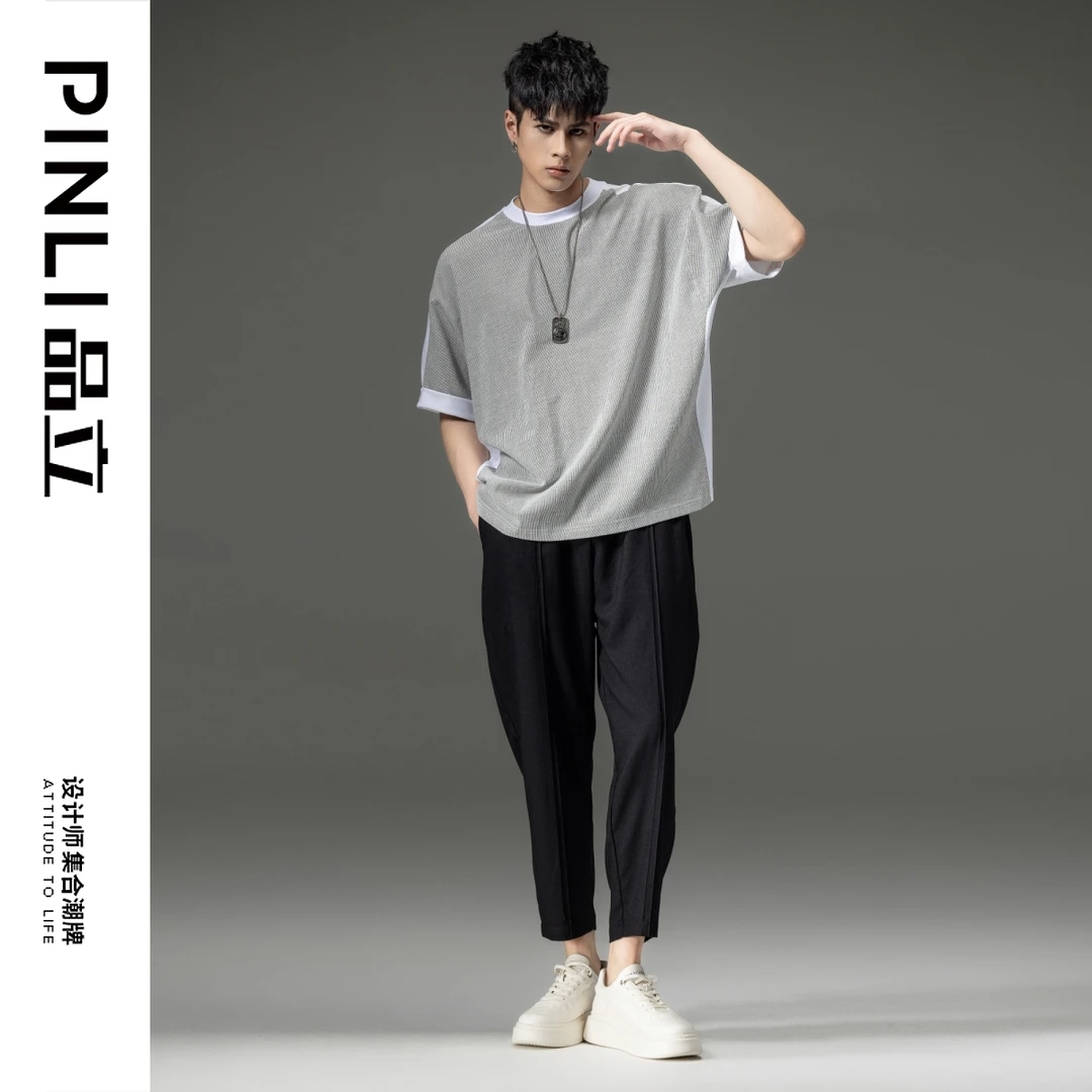PINLI品立夏季宽松T恤拼接蝙蝠袖男上衣拼料条纹体恤潮B232111039