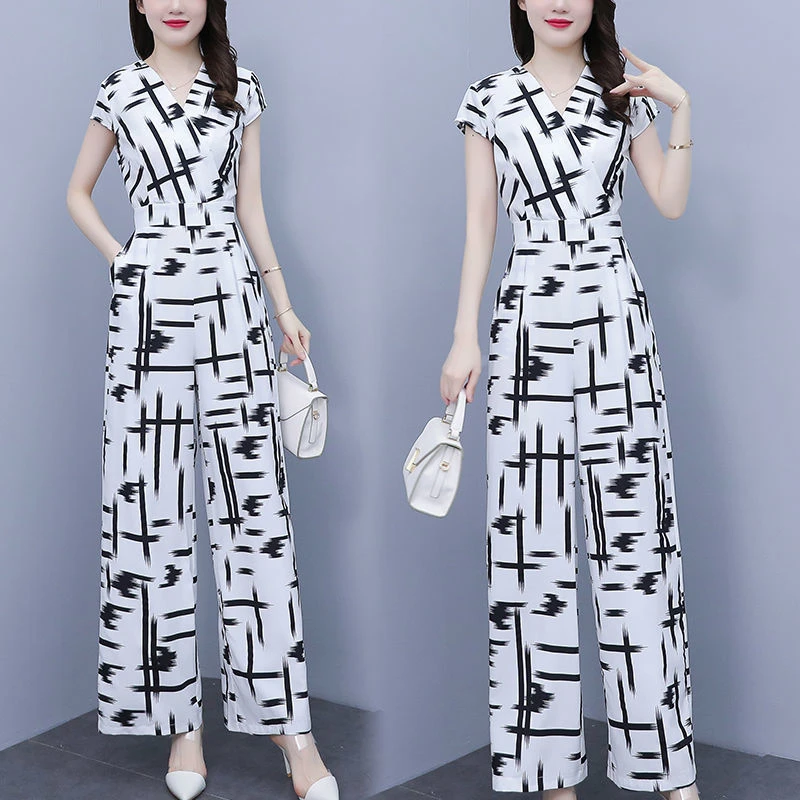 时尚女士连体裤女夏装小个子2024年新款薄款连衣裤阔腿裤套装领