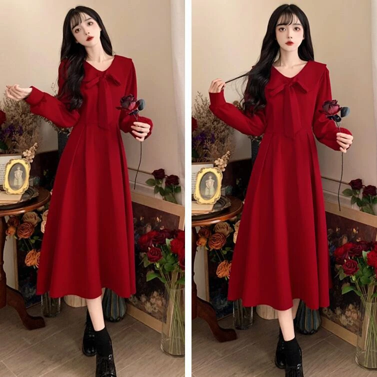 大码女装秋季减龄娃娃领红色敬连衣裙胖妹妹气质收腰礼服长裙