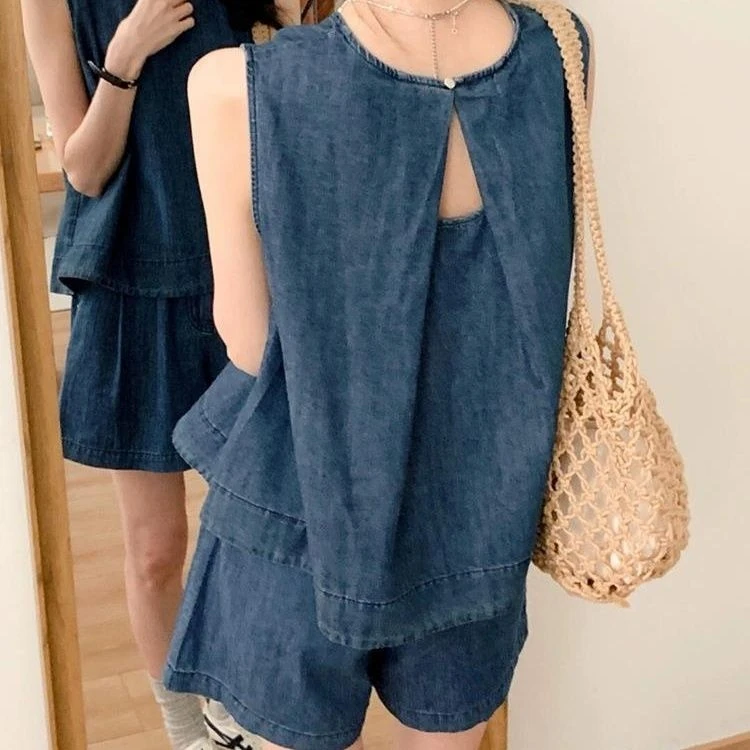 夏季女装套装新款韩系小个子女装减龄时尚夏季短裤两件牛仔套装