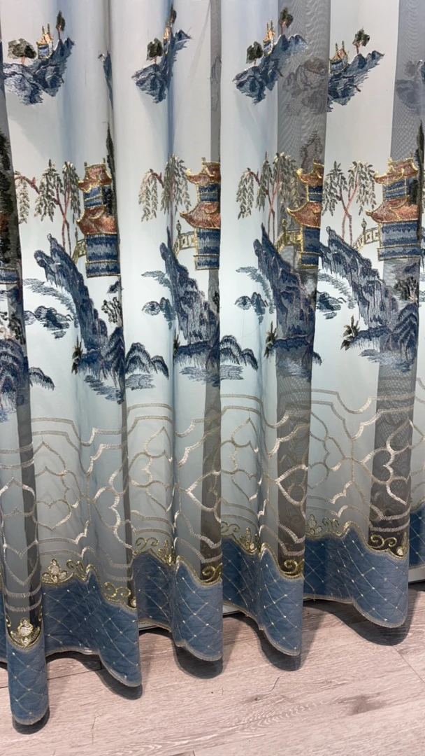 中式水墨兰亭重工刺绣渐变蓝色窗纱