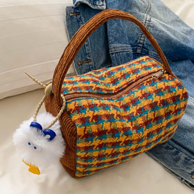 新款韩系秋冬包包可爱河豚包千鸟格包便携外出包