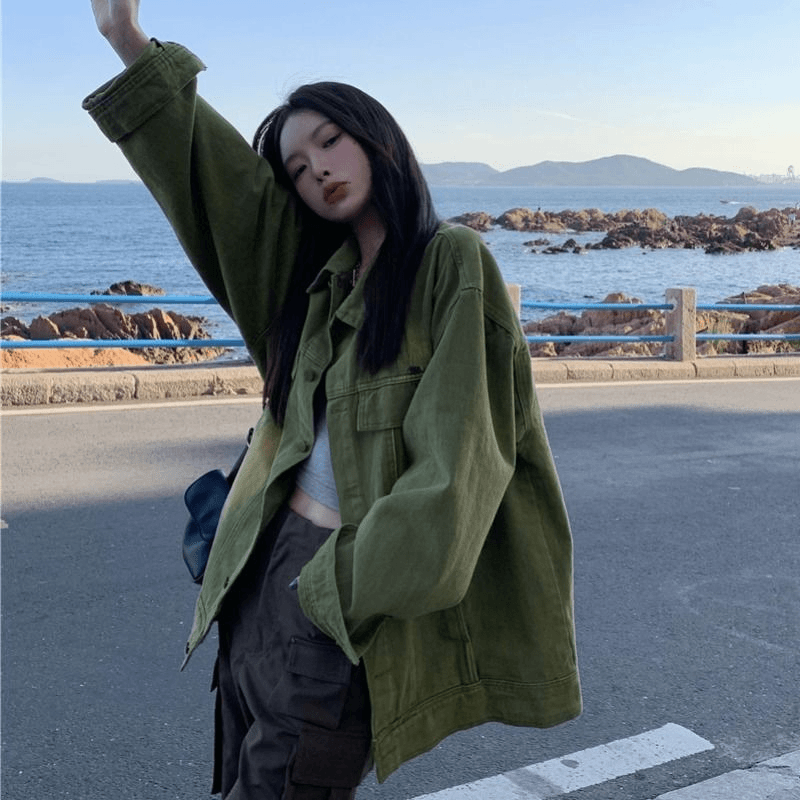 港味复古工装牛仔外套女2023新款春秋设计感美式渐变长袖夹克上衣
